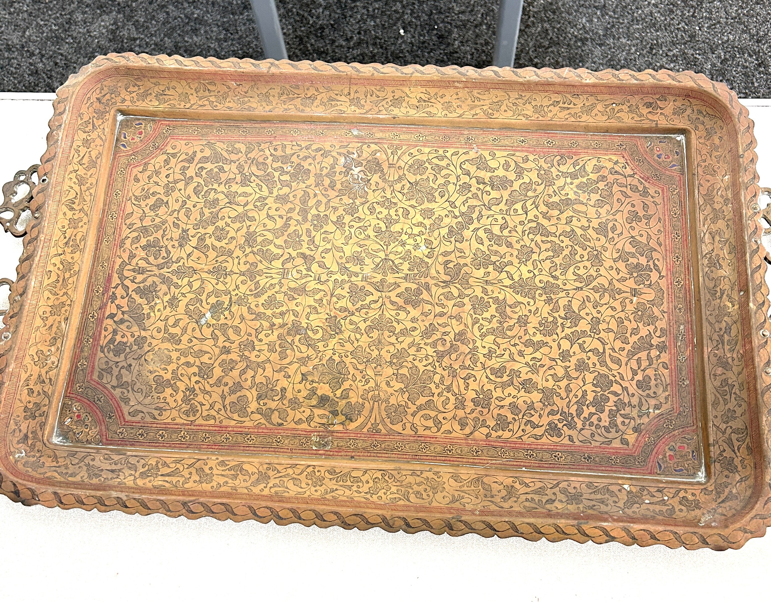 3 Antique Indian finely chased serving/ tea trays and a large vintage serving tray with silver - Image 3 of 4