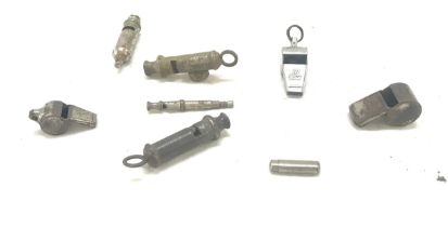 Selection of vintage whistles includes The Acme scout etc Metal detector finds