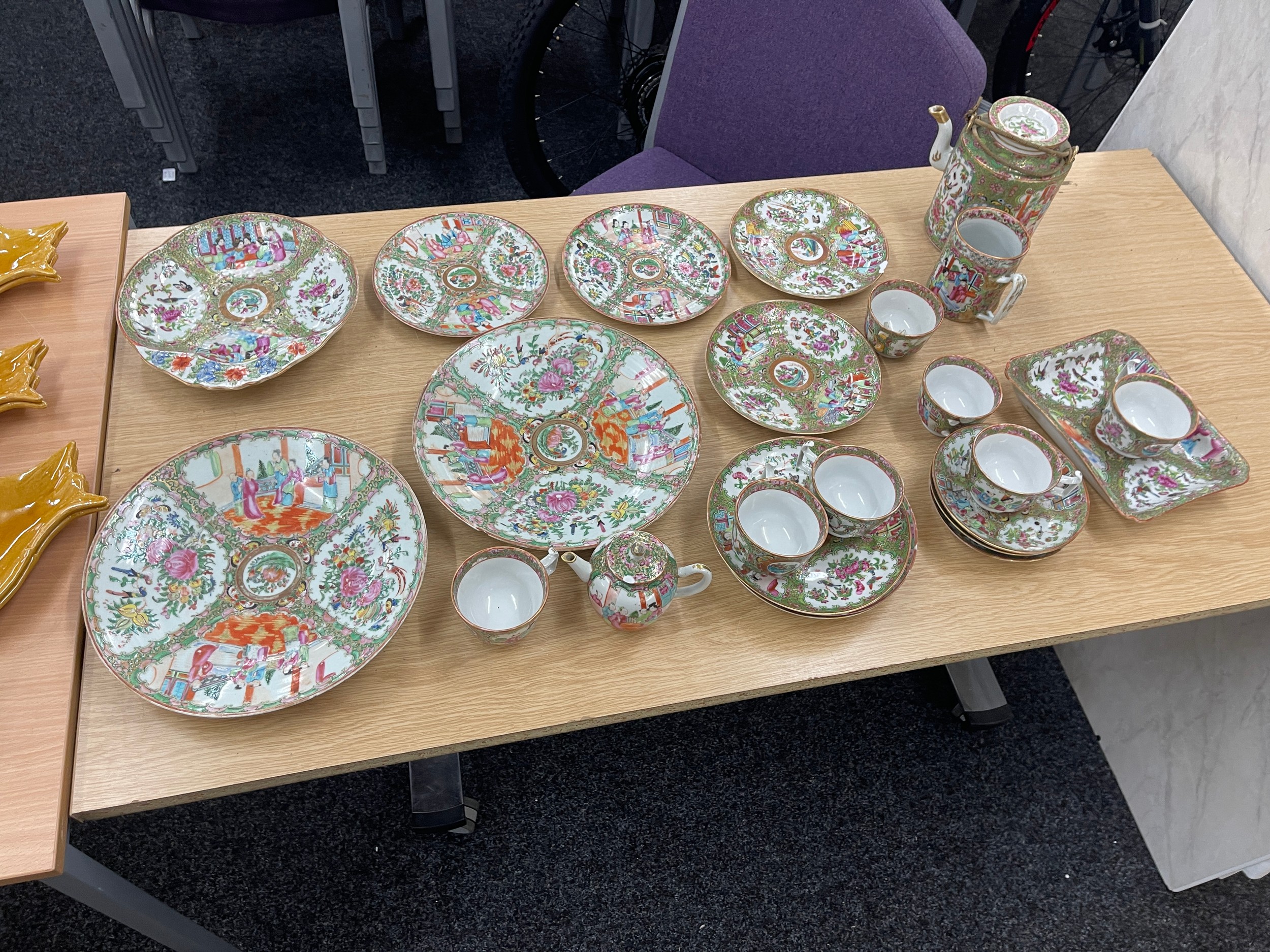 Oriental hand painted part dinner and tea service, no markings to base some pieces A/F