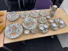 Oriental hand painted part dinner and tea service, no markings to base some pieces A/F