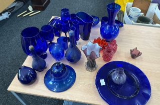 Selection of blue colour's glassware includes vases, plates etc