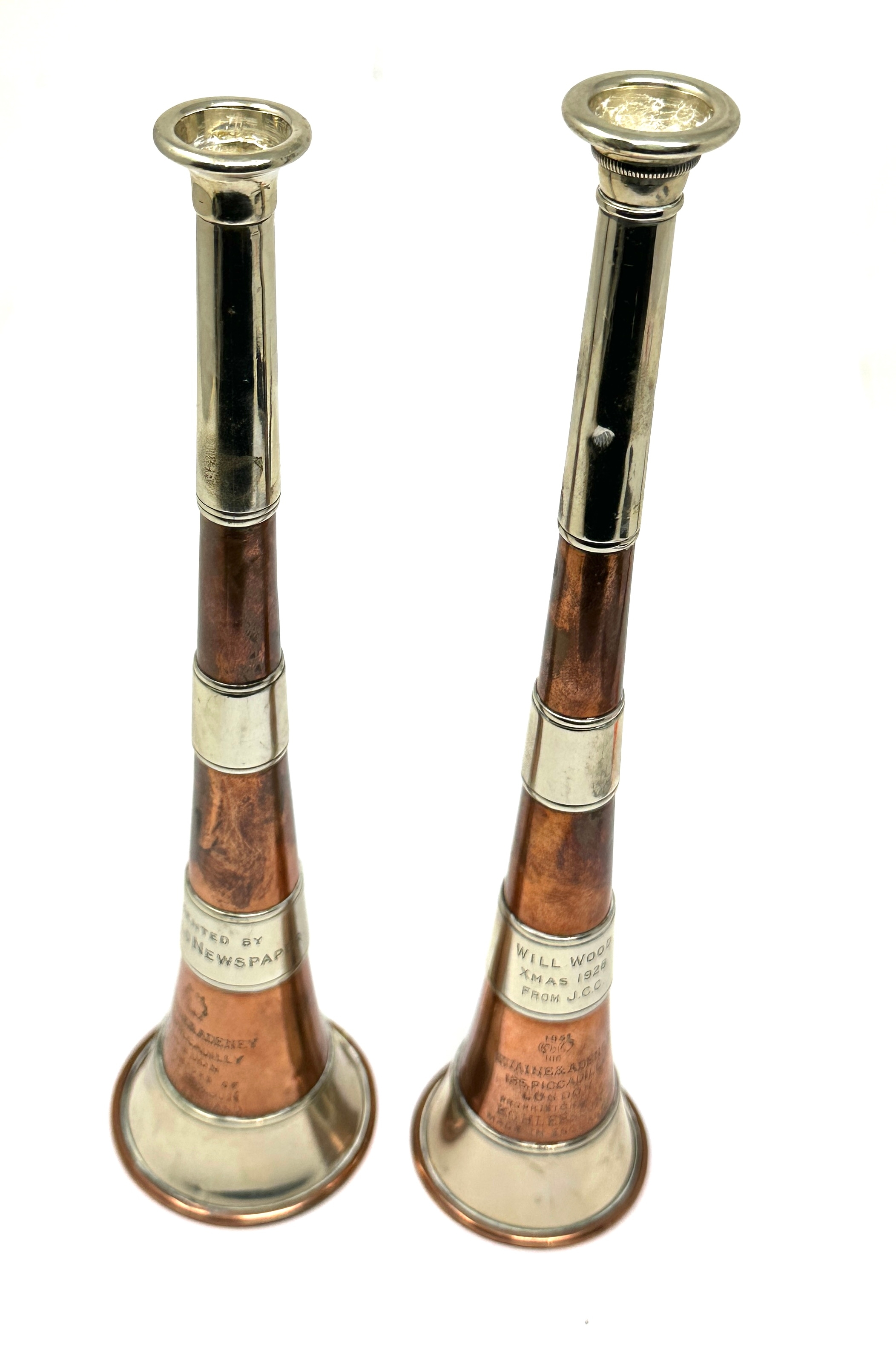 2 Antique Silver white metal & Copper Hunting Horn Swaine & Adeney c1928 each measures approx 24cm - Image 3 of 6