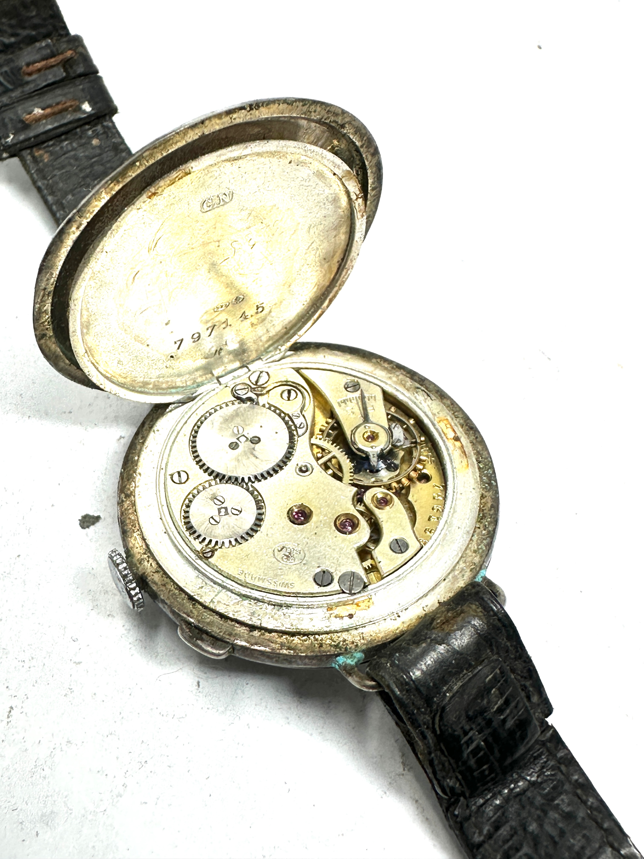 Antique silver half hunter type black dial gents trench style wristwatch the watch is not ticking - Image 3 of 4