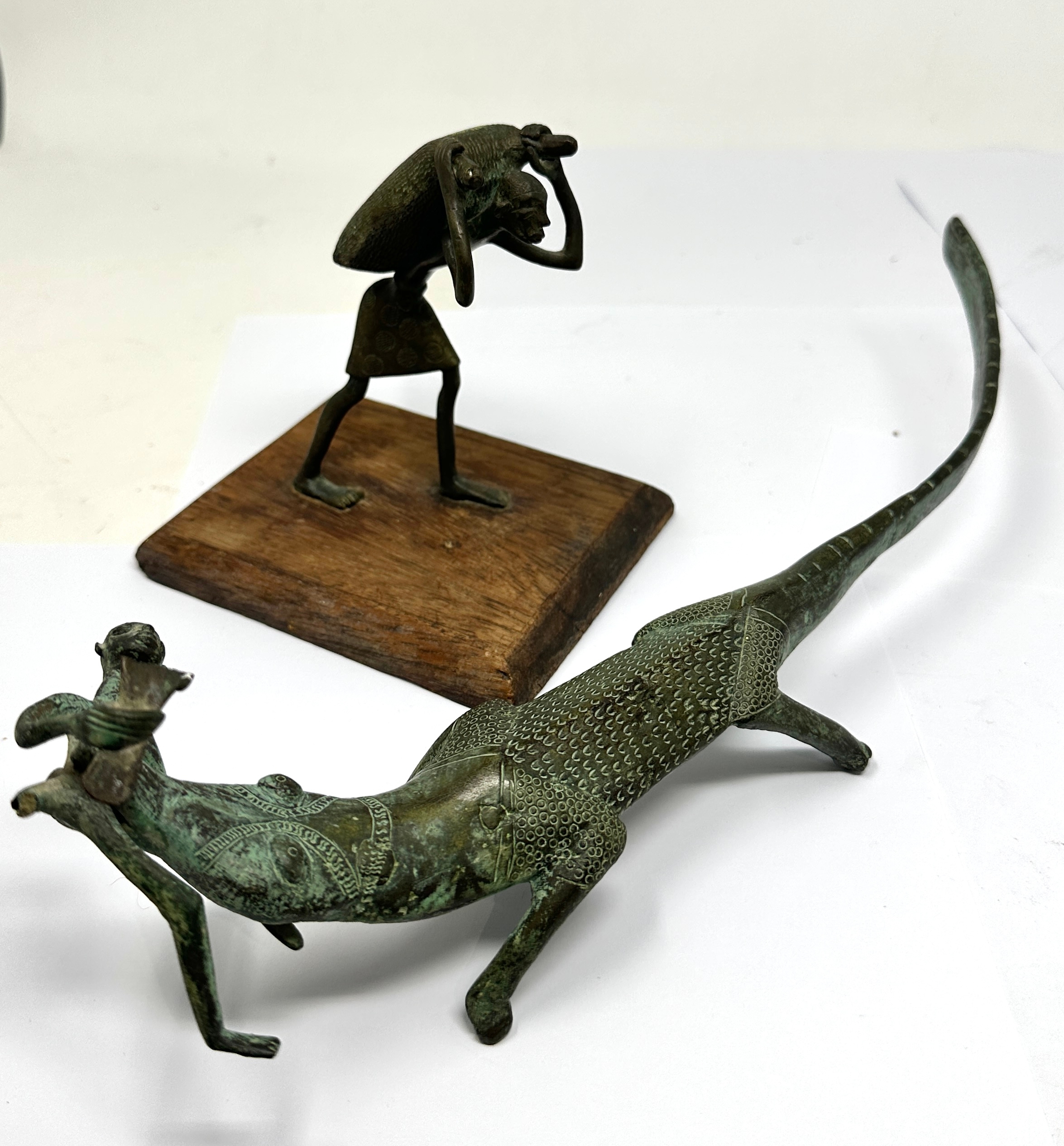 2 vintage bronze figs crocodile & man carrying sack