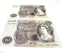 2 bank of england £10 ten pound bank notes j.b.page look in unused condition