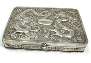 Antique chinese silver table box dragon embossed lid chinese hallmarks measures approx 2.4cm by 8.