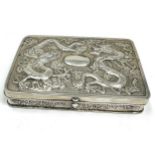 Antique chinese silver table box dragon embossed lid chinese hallmarks measures approx 2.4cm by 8.