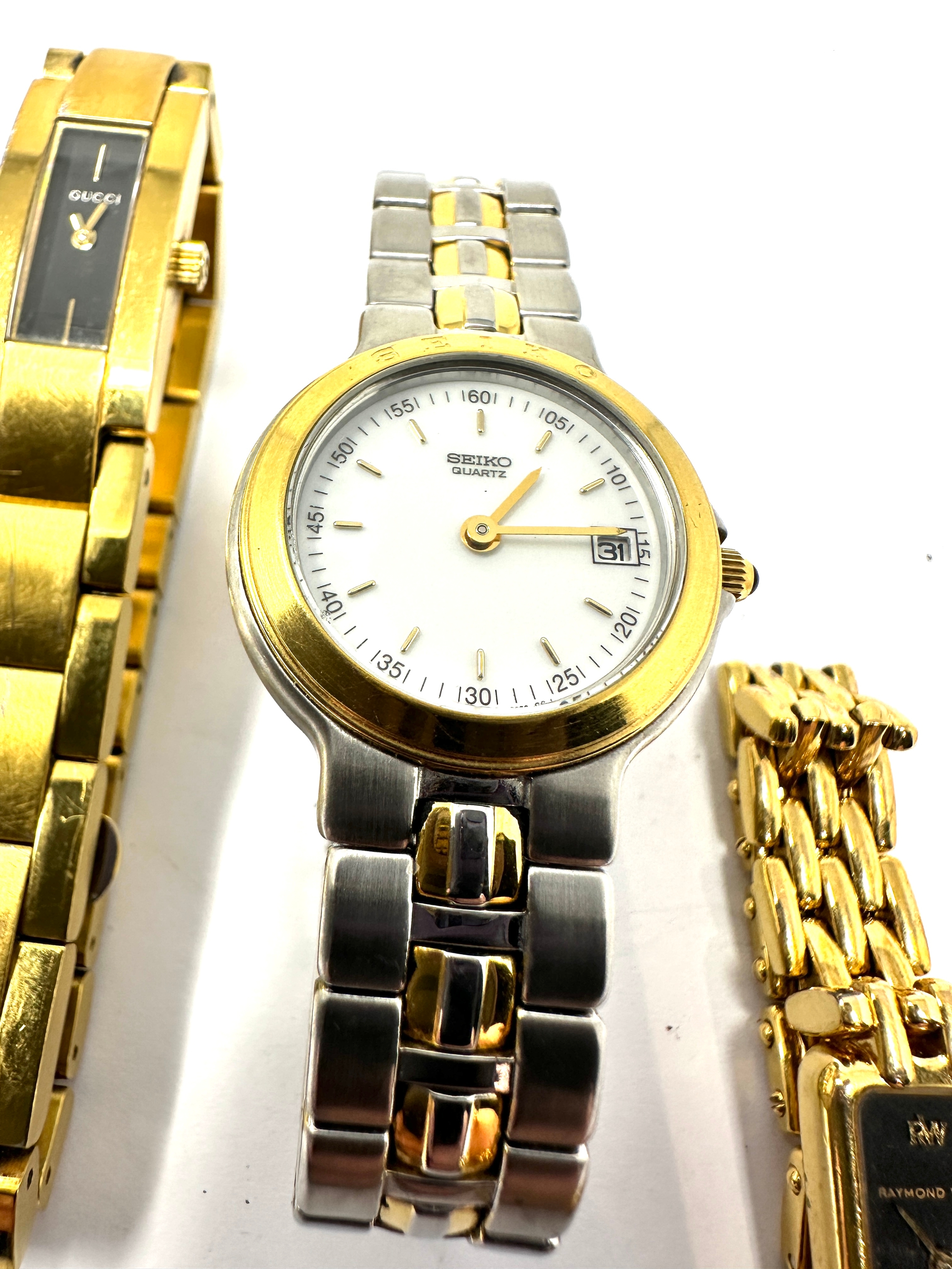 5 branded ladies quartz wristwatches all not ticking includes 2x gucci omega raymond weil & seiko - Bild 3 aus 6