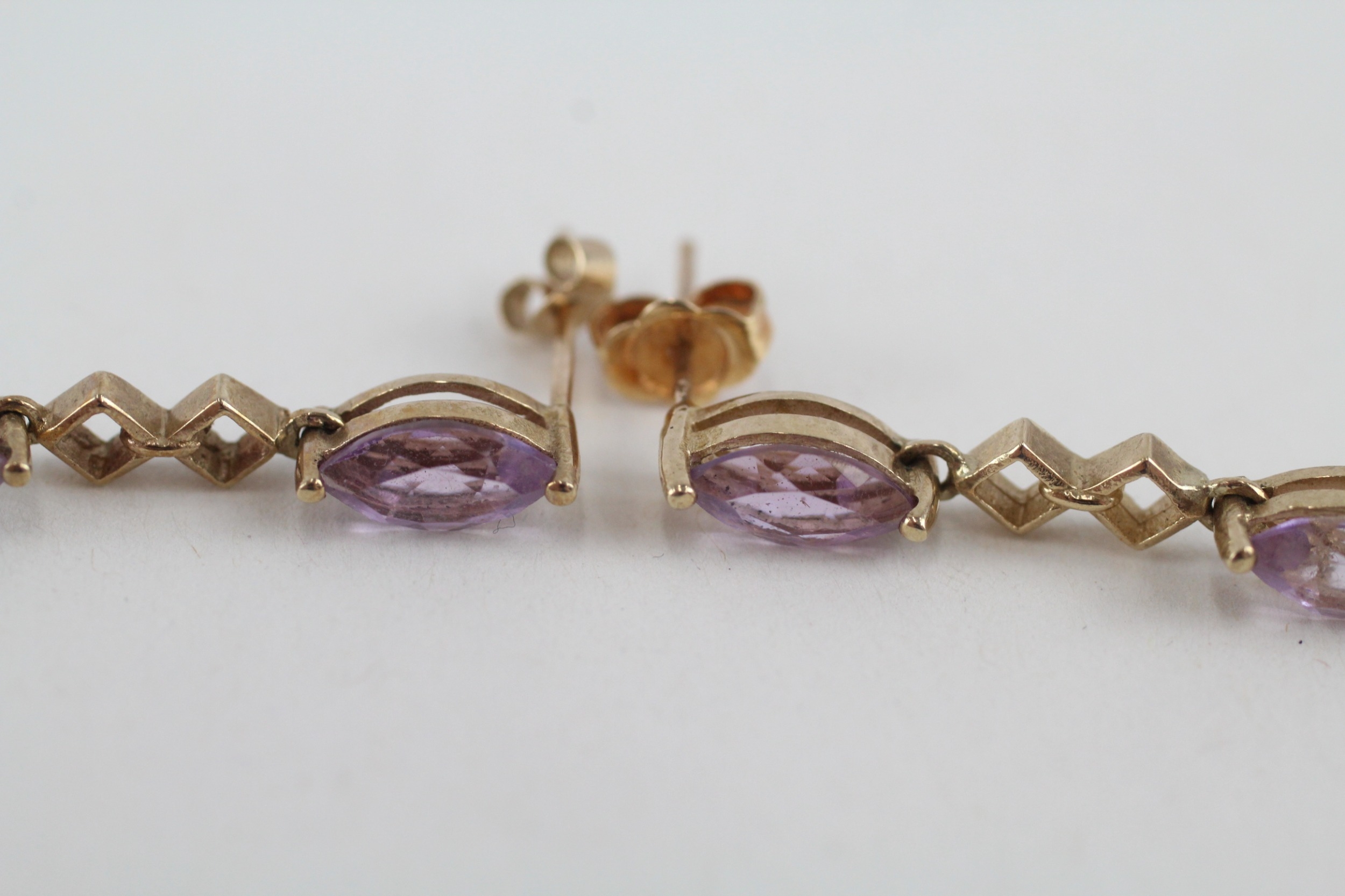 9ct gold marquise cut amethyst drop earrings (2.4g) - Image 3 of 4