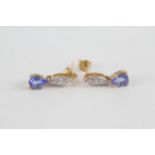 10ct gold pear-cut tanzanite & white gemstone drop earrings with scroll backs (1.6g)