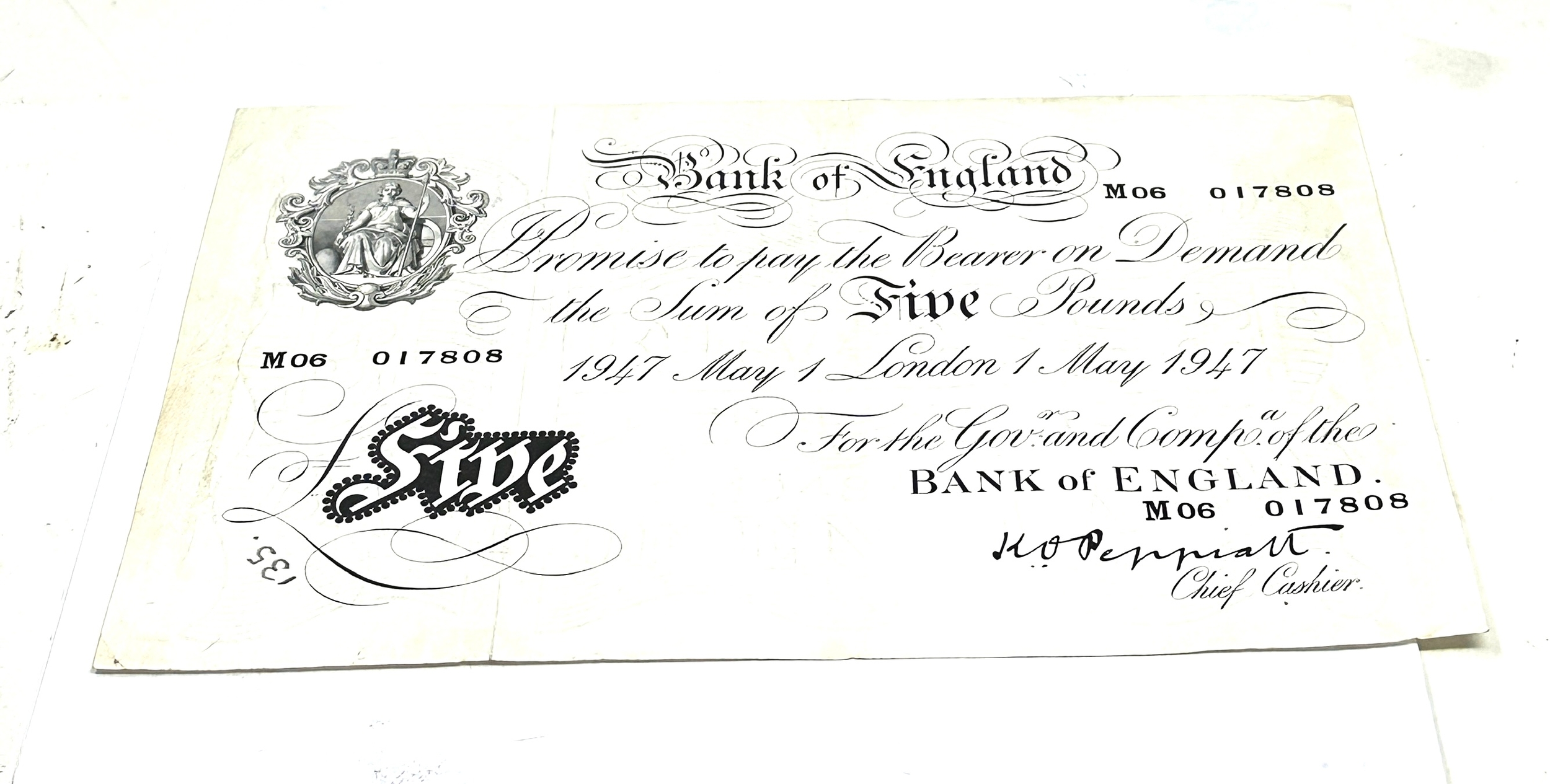 Bank of England may 1 1947 white five pound note