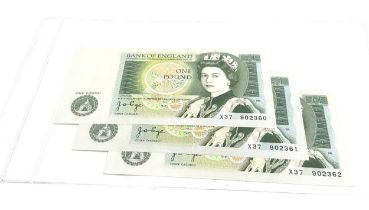 3 consecutive X37 One Pound £1 bank notes - J.B.Page - UNC