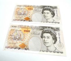 2 x Sequential Uncirculated G.E.Kentfield Ten Pounds Notes A25