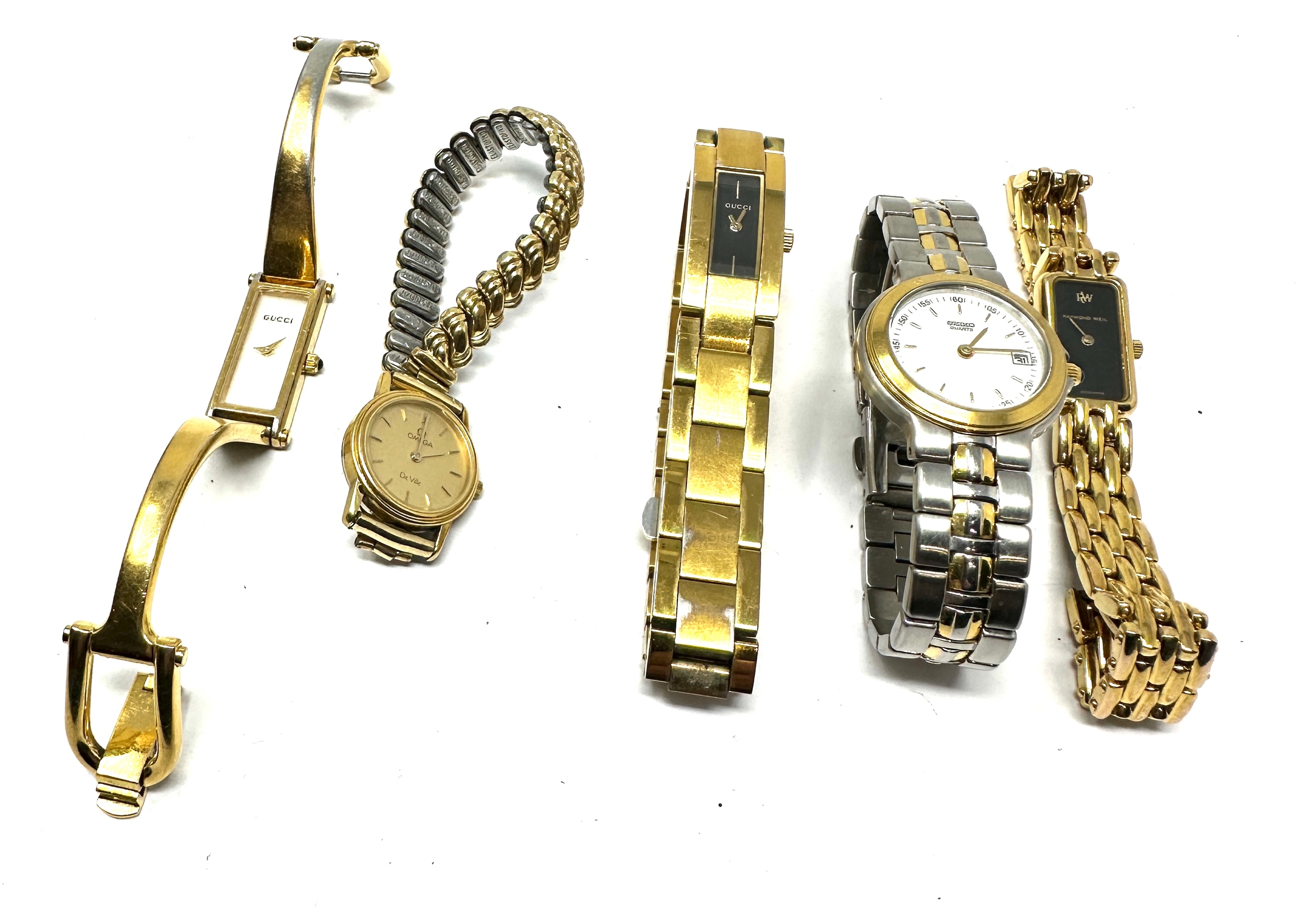 5 branded ladies quartz wristwatches all not ticking includes 2x gucci omega raymond weil & seiko