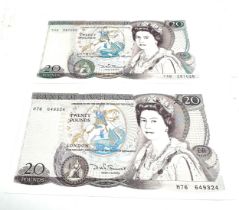 2 x Bank of England Old Twenty £20 Pound Notes look in unused condition