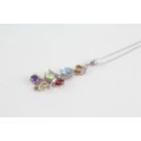 9ct white gold multi-gemstone drop pendenat & chain, gemstones including: diamonds, amethyst,