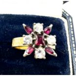 18ct gold ruby & diamond ring set with 4 diamonds est 80 pts diamonds weight 7g