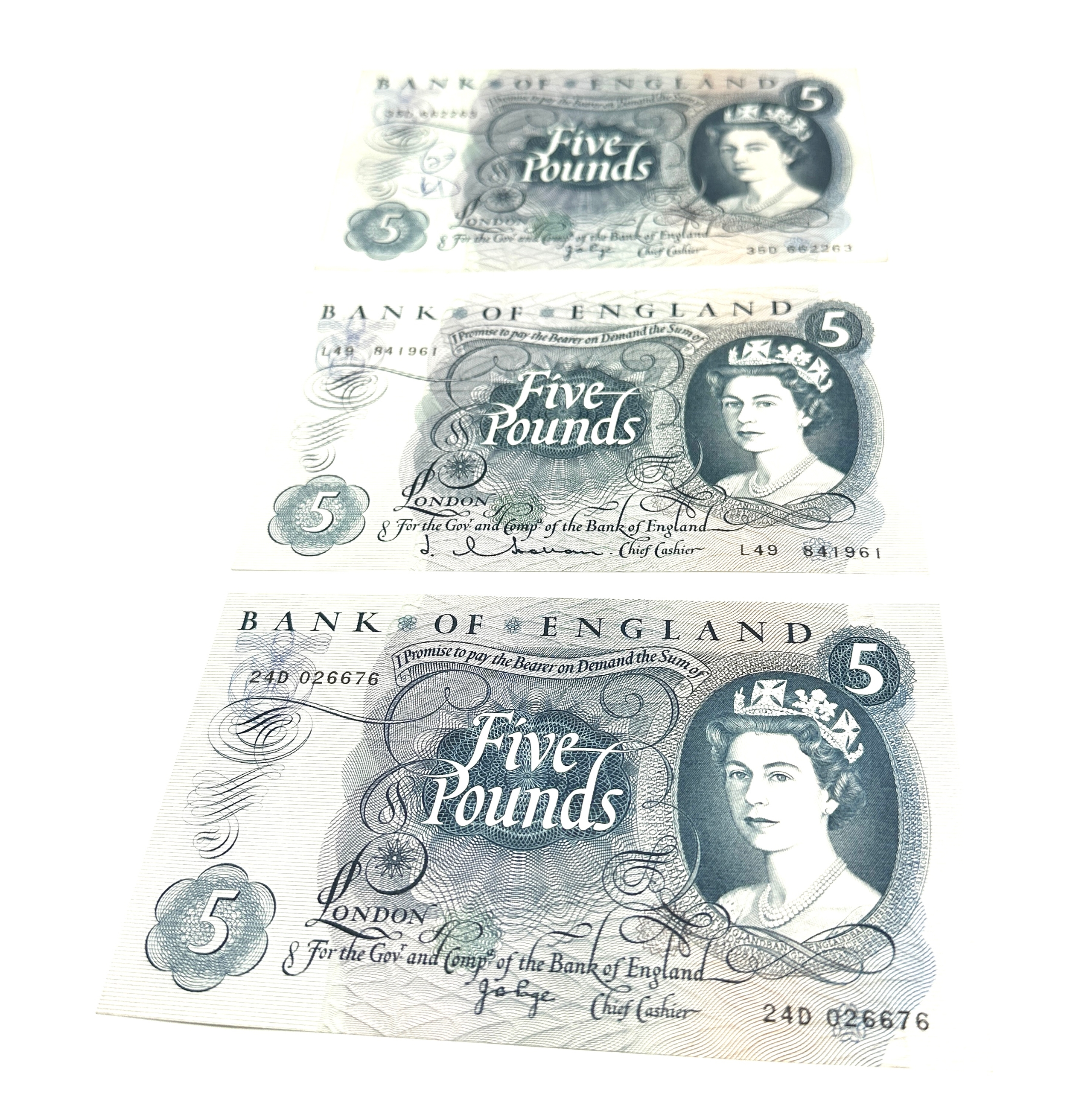 3 old £5 pound notes j.b page & hallam in high grade 1 has writing on