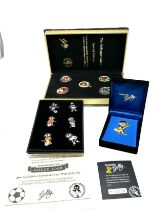 selection of boxed robinsons enamel badges inc european cup gold plated farewell and the olympic
