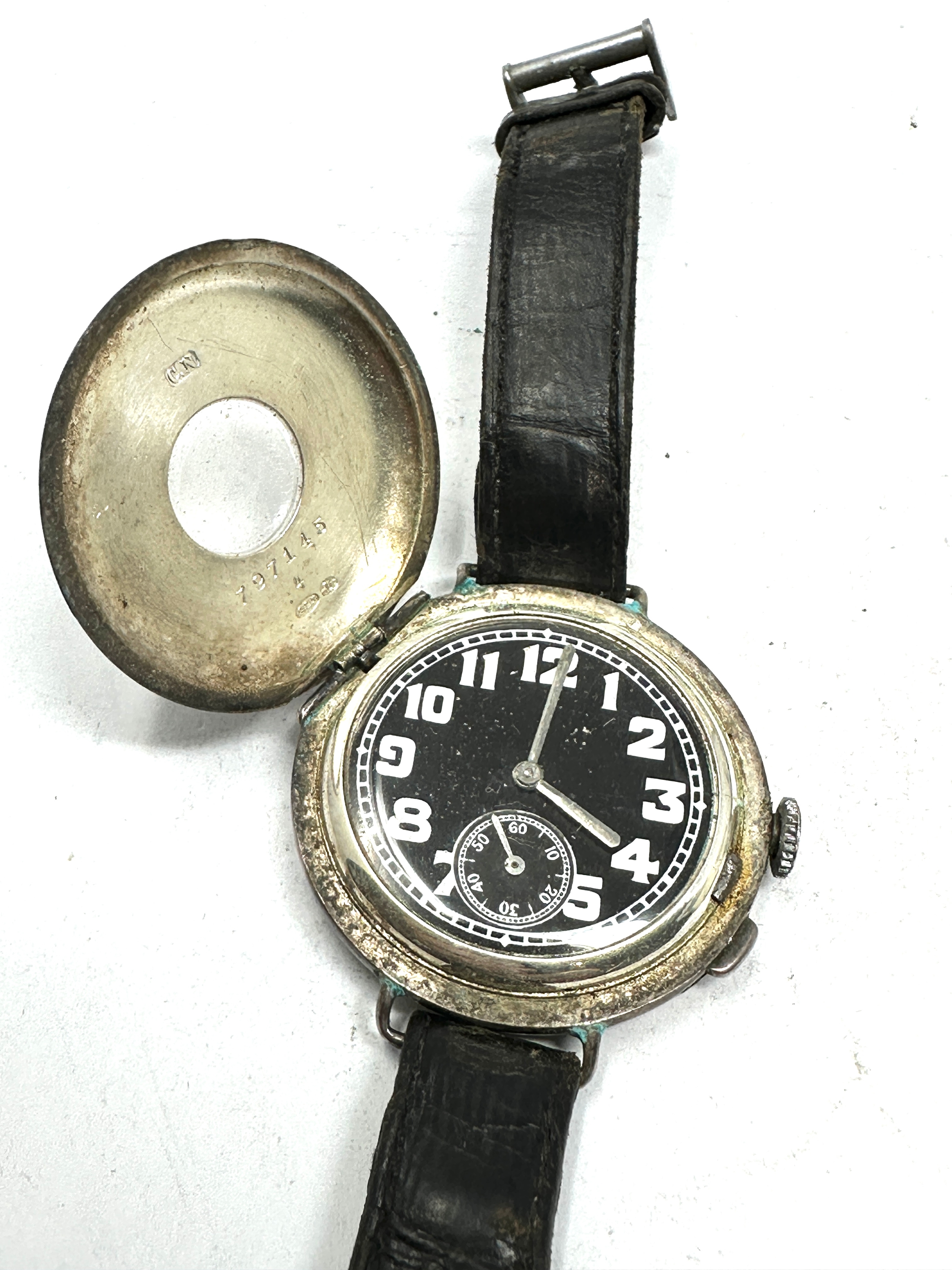 Antique silver half hunter type black dial gents trench style wristwatch the watch is not ticking - Image 2 of 4