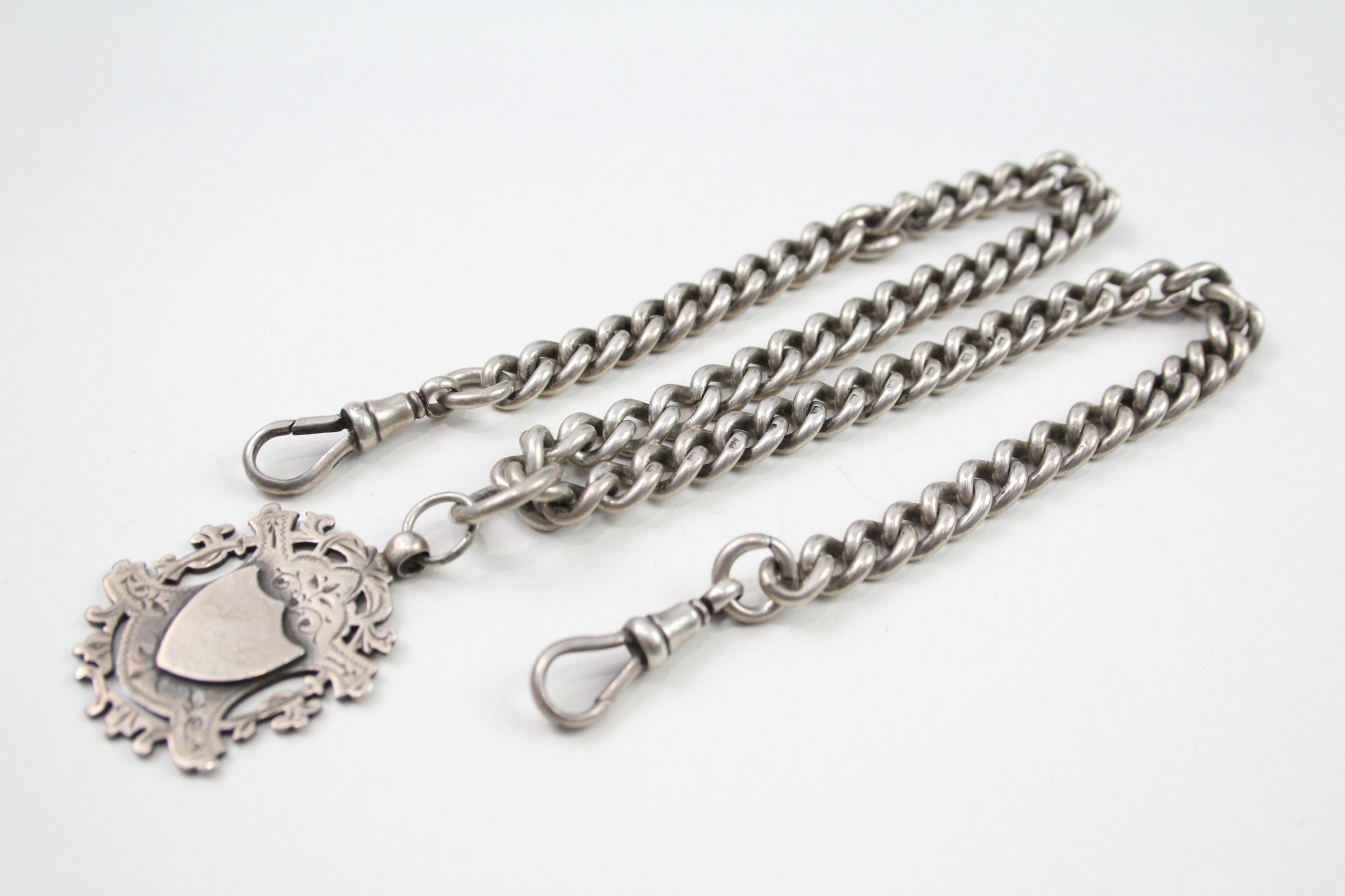 Silver antique watch chain with fob (68g)