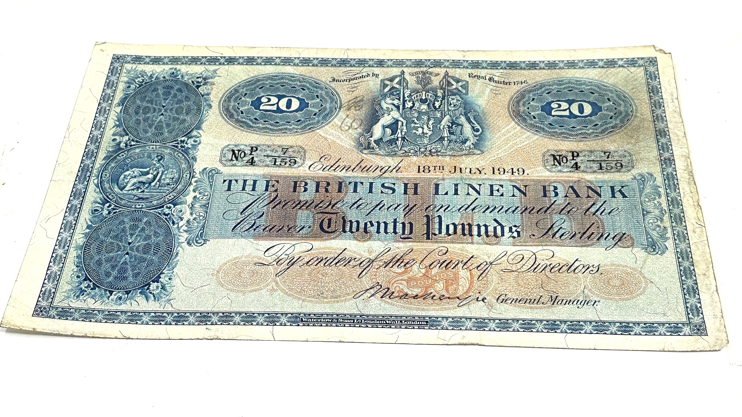 The British Linen Bank £20 - Dated Edinburgh 18th july 1949 - Signatory MacKenzie.