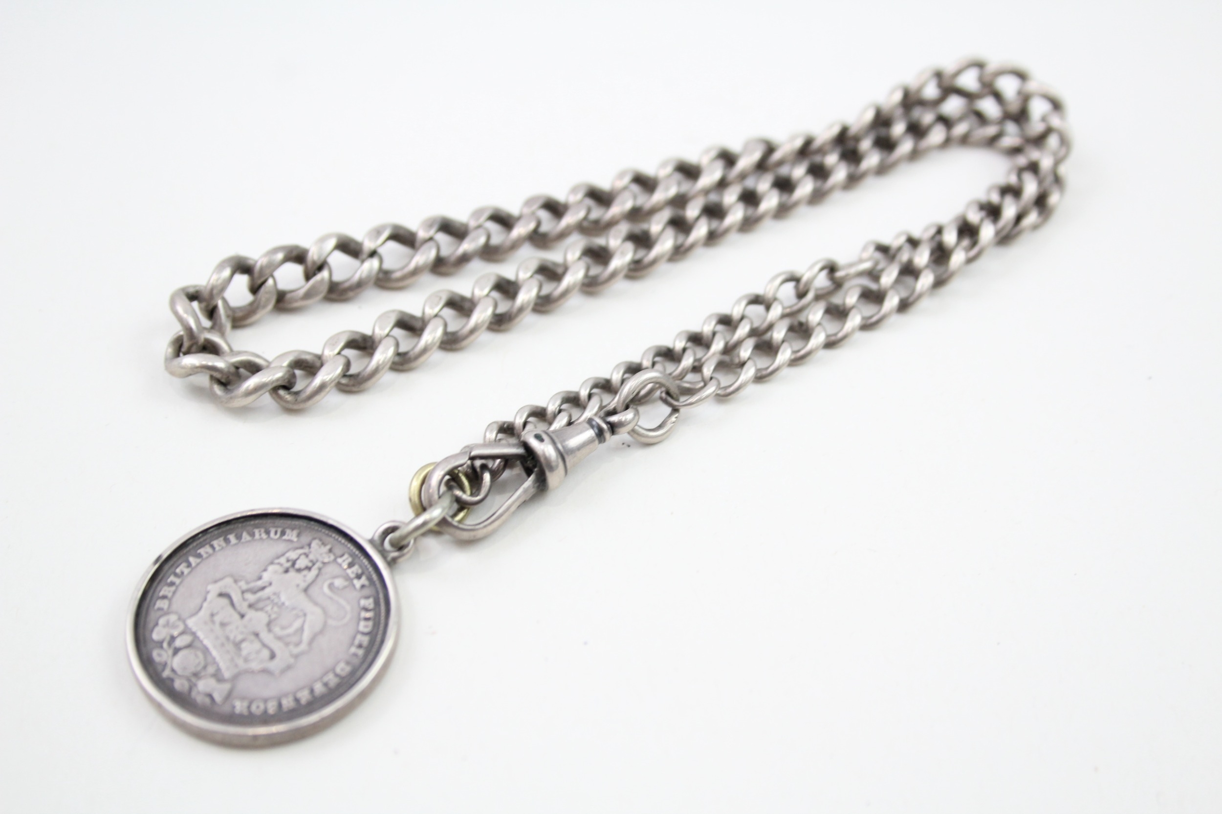 Silver antique watch chain with coin fob (40g)
