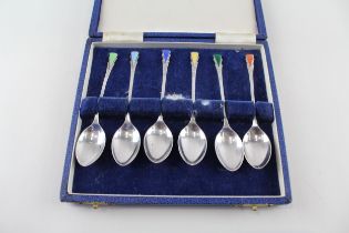 6 x .925 sterling teaspoons w/ enamel detail, box etc