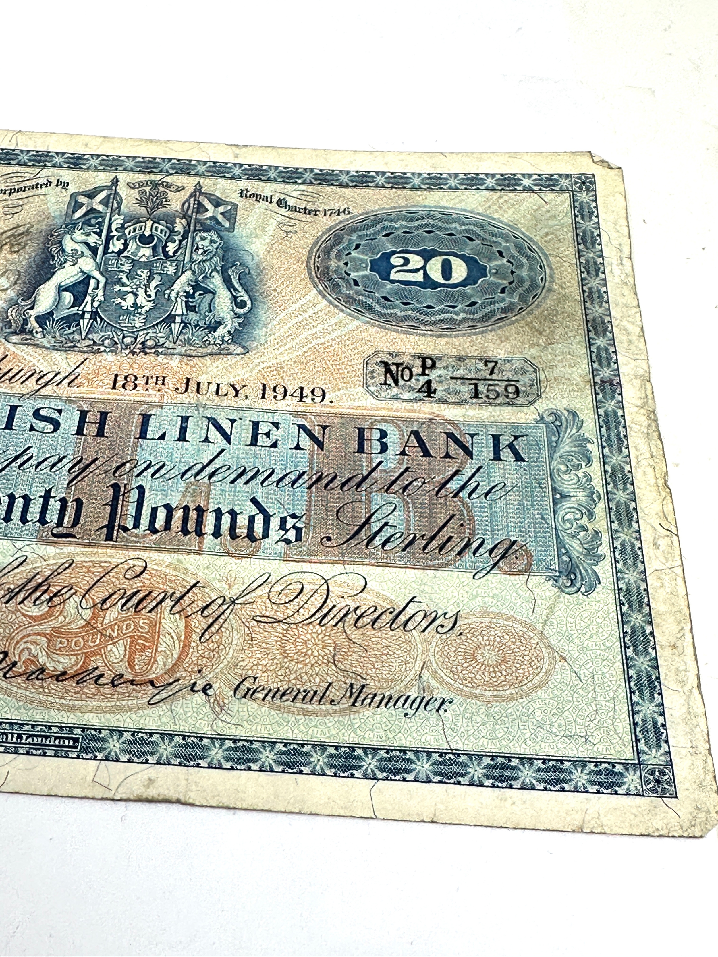 The British Linen Bank £20 - Dated Edinburgh 18th july 1949 - Signatory MacKenzie. - Image 3 of 4