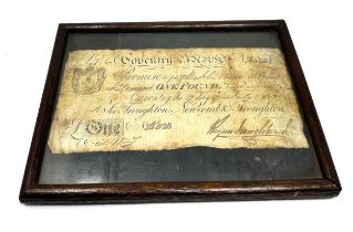Rare 1817 Coventry bank one pound bank note framed