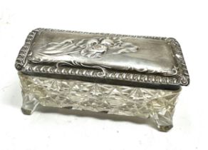 Antique silver & cut glass trinket box measures approx 10.5cm by 4.5cm height 4.5cm lid birmingham
