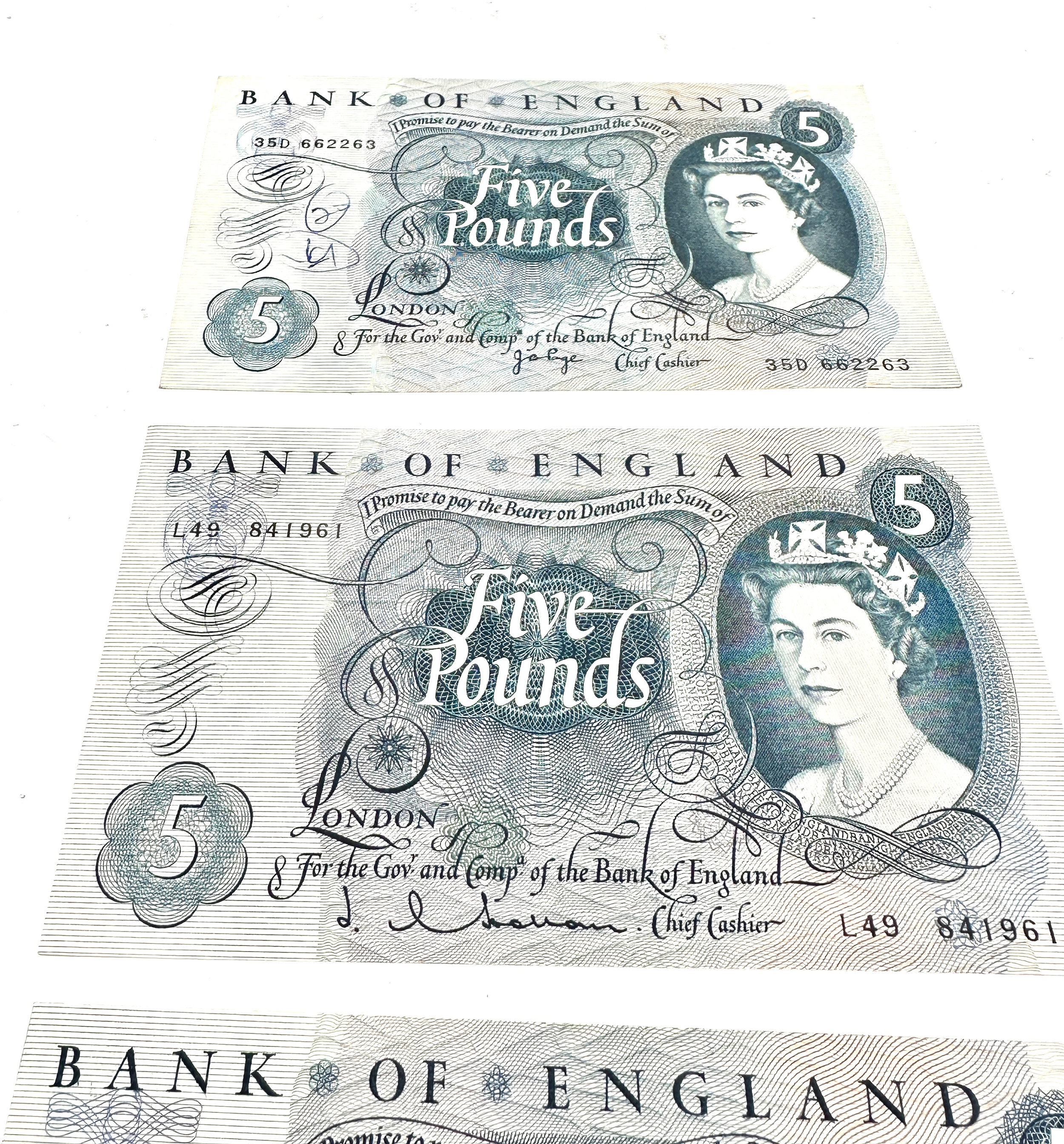 3 old £5 pound notes j.b page & hallam in high grade 1 has writing on - Image 3 of 4