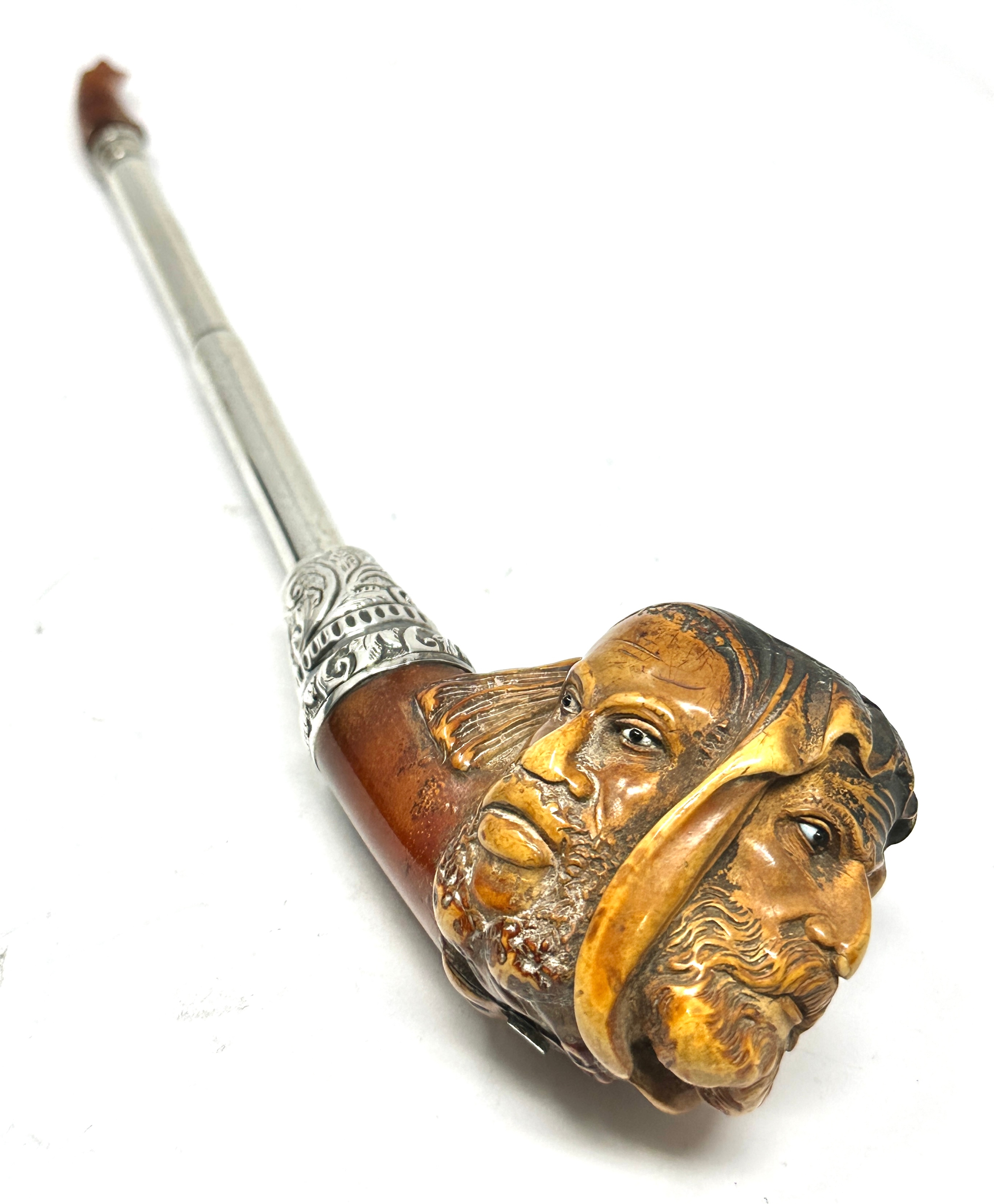 Rare antique 3 head l.friedlander london pipe with silver fittings total length 22cm the carved - Image 4 of 8