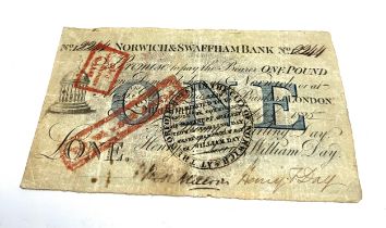 Georgian Norwich & swaffham Bank Provincial Banknote One Pound sept 1825