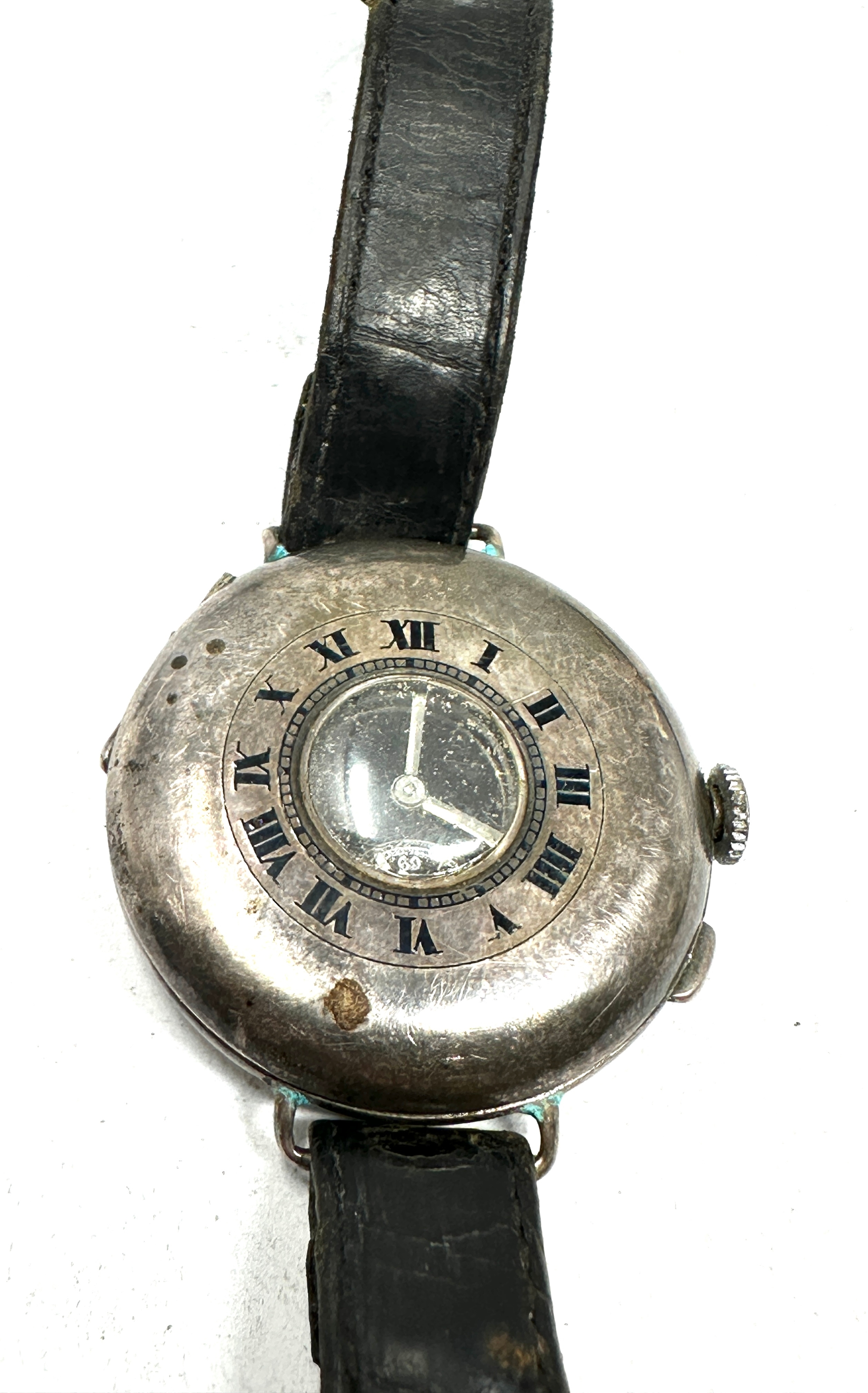 Antique silver half hunter type black dial gents trench style wristwatch the watch is not ticking