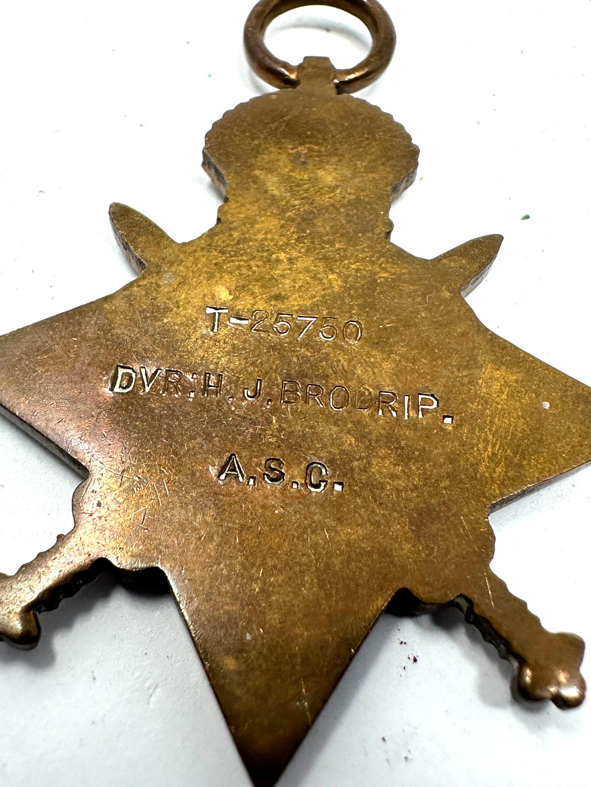 WW1 1914 Mons Star Trio named T-25750 Dvr H.S Brodrip A.S.C - Image 3 of 3