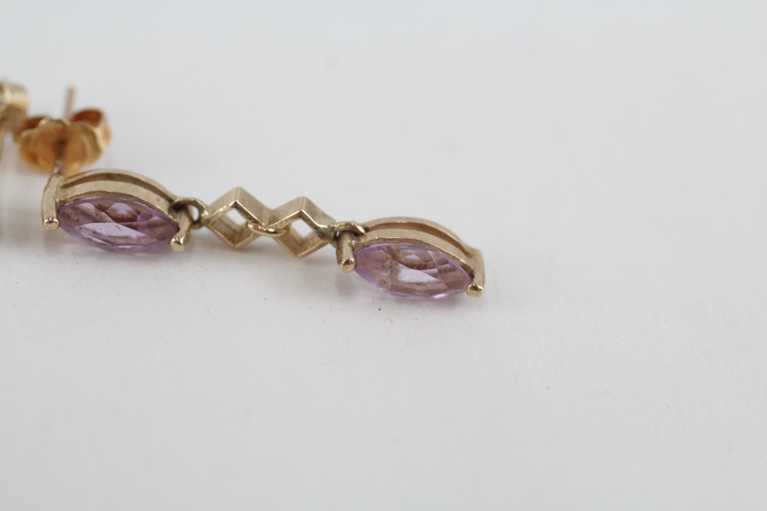 9ct gold marquise cut amethyst drop earrings (2.4g) - Image 4 of 4