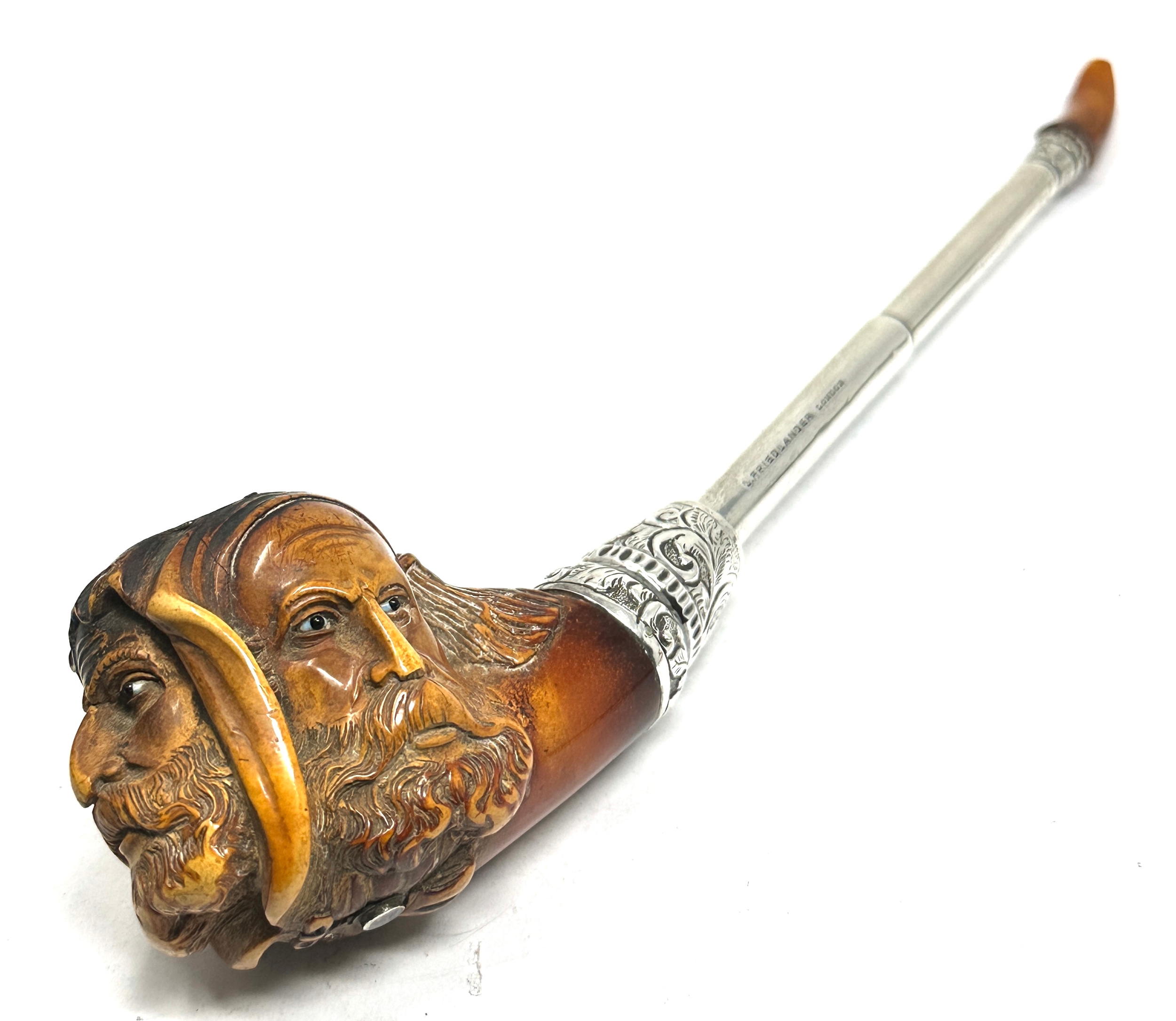 Rare antique 3 head l.friedlander london pipe with silver fittings total length 22cm the carved - Image 3 of 8