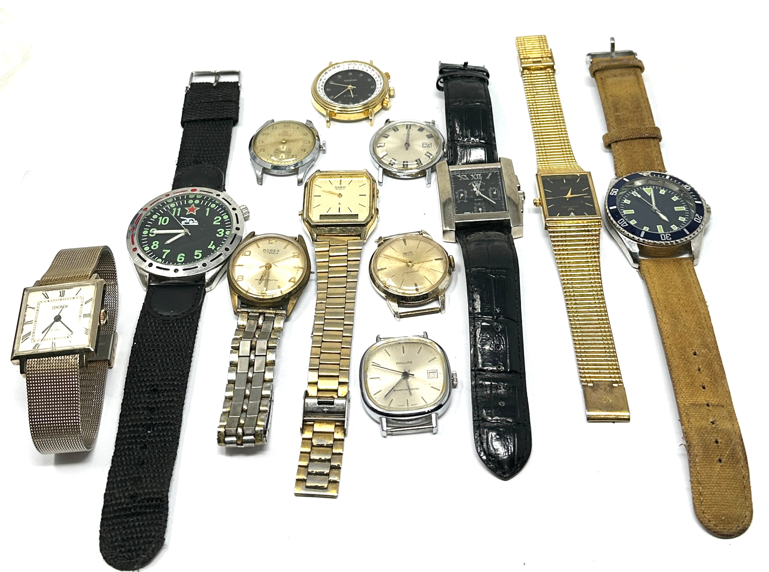 12 gents wristwatches all untested spares or repair inc borea phillips sekonda smiths waltham