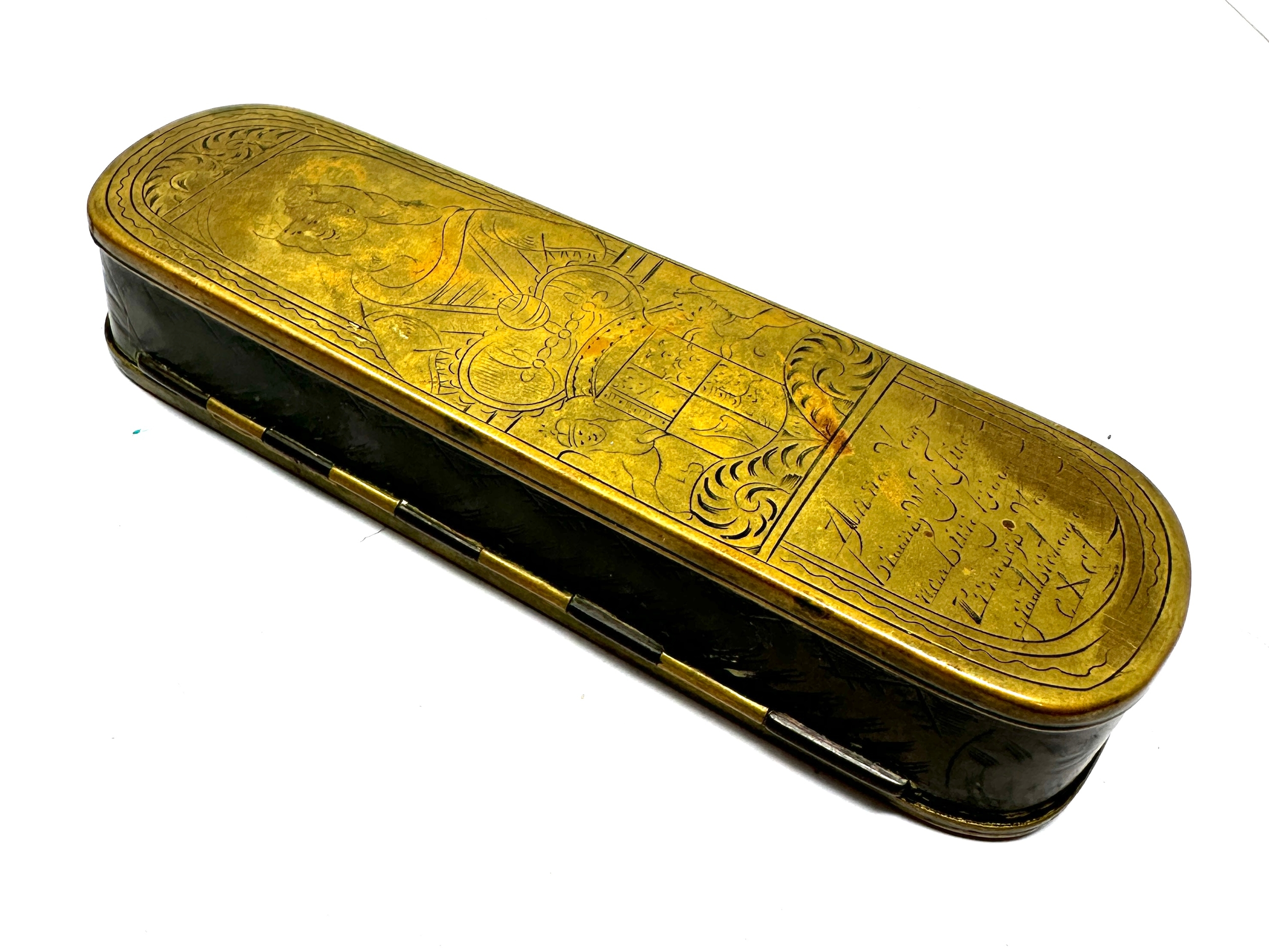 An 18th century Dutch brass tobacco box engraved dated 1747 - Image 2 of 4