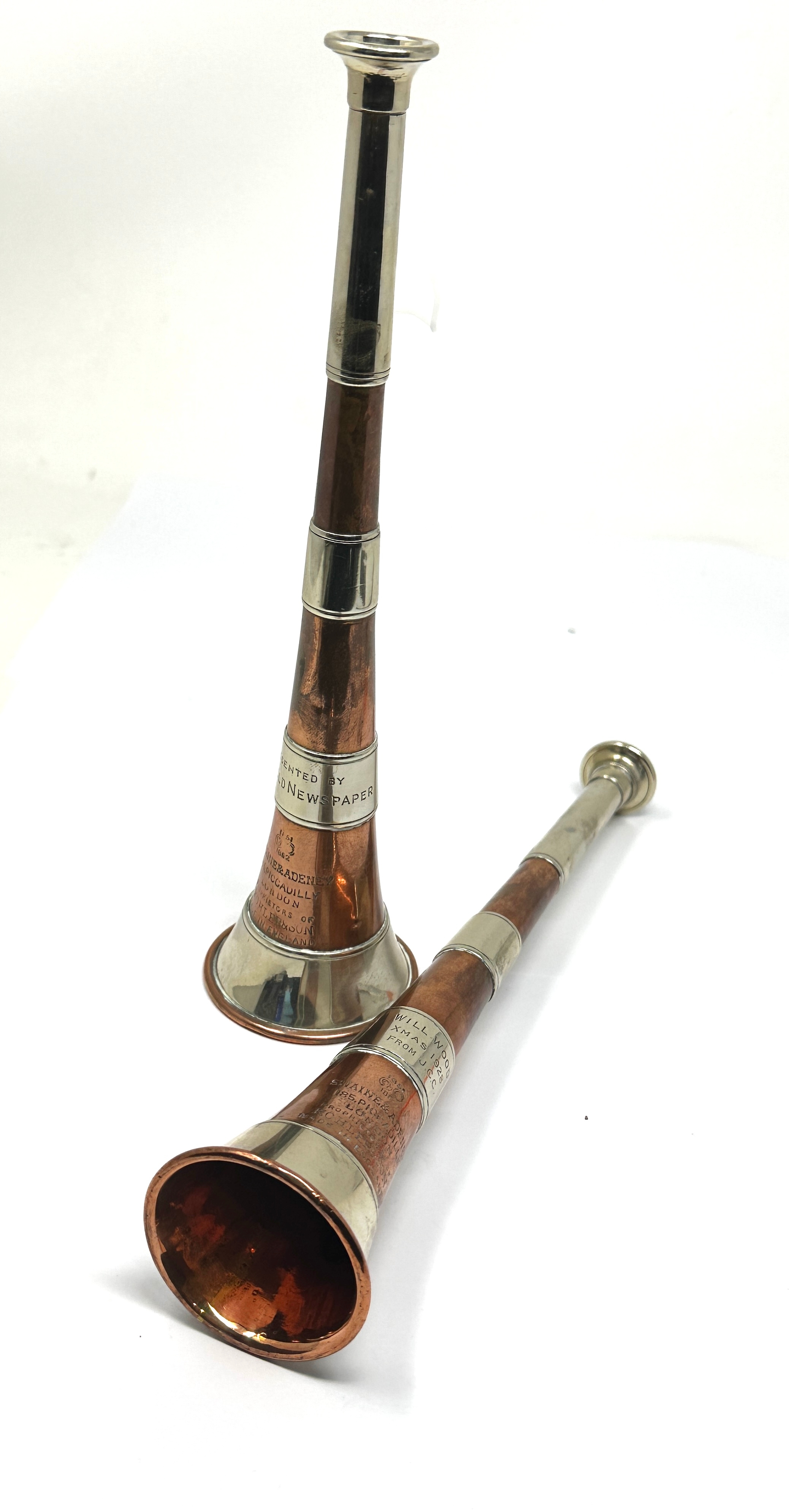 2 Antique Silver white metal & Copper Hunting Horn Swaine & Adeney c1928 each measures approx 24cm - Image 4 of 6