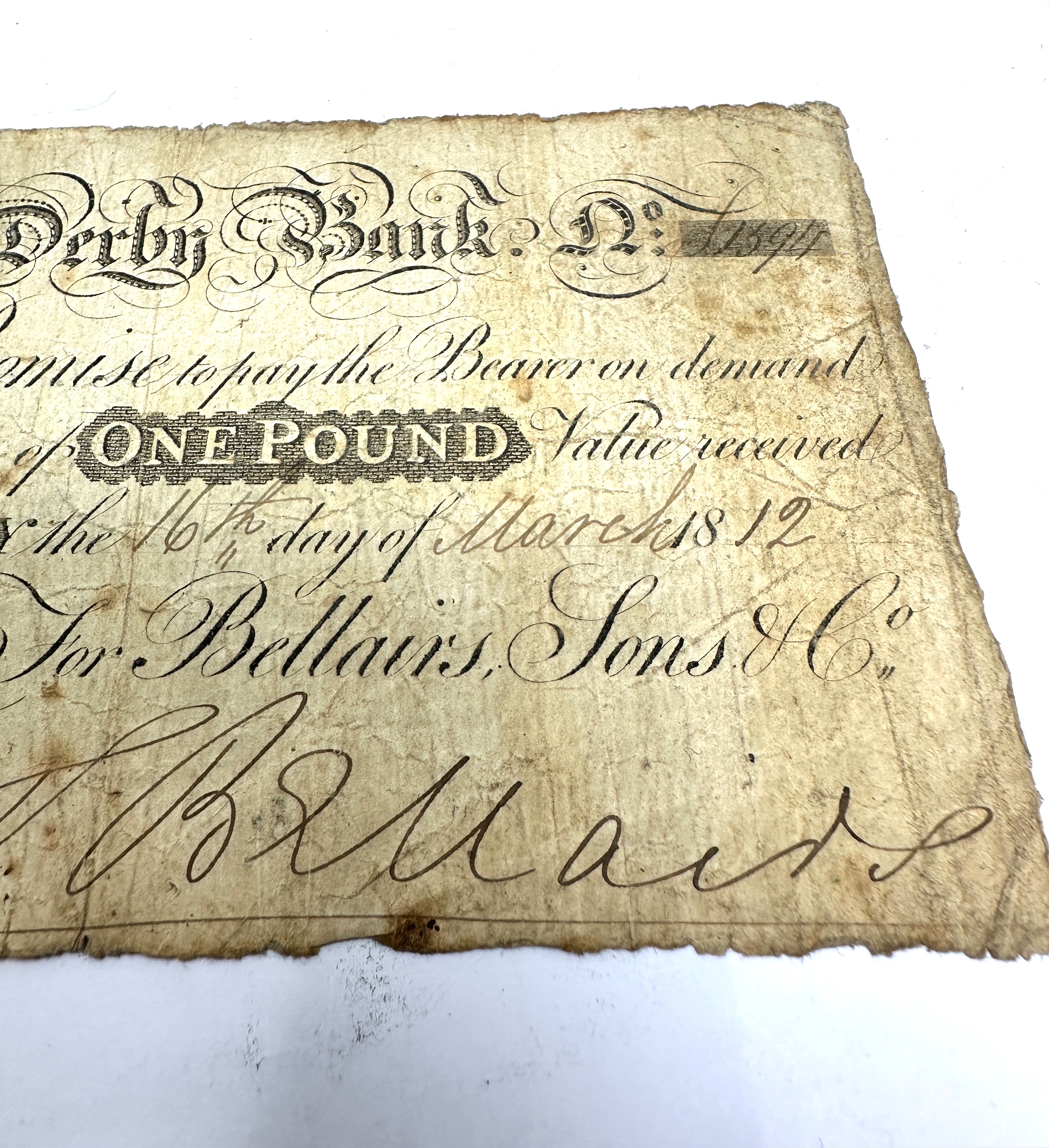 Georgian Derby Bank Provincial Banknote One Pound 16th March 1812. - Image 3 of 4