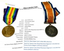 ww1 pair medals K.I.A 18703 pte a.w.cole r.w.kent kia 7/6/17