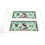 2 1988 micky mouse one disney dollar notes unused condition