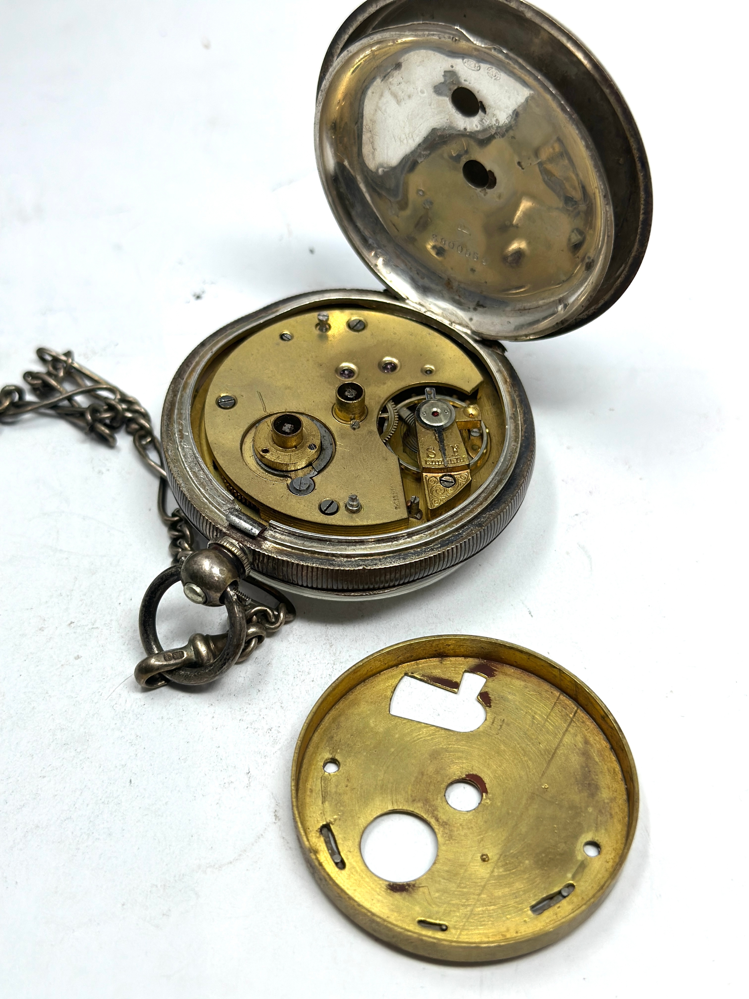 Antique silver open face pocket watch the watch is ticking with silver watch chain no t-bar - Bild 3 aus 3