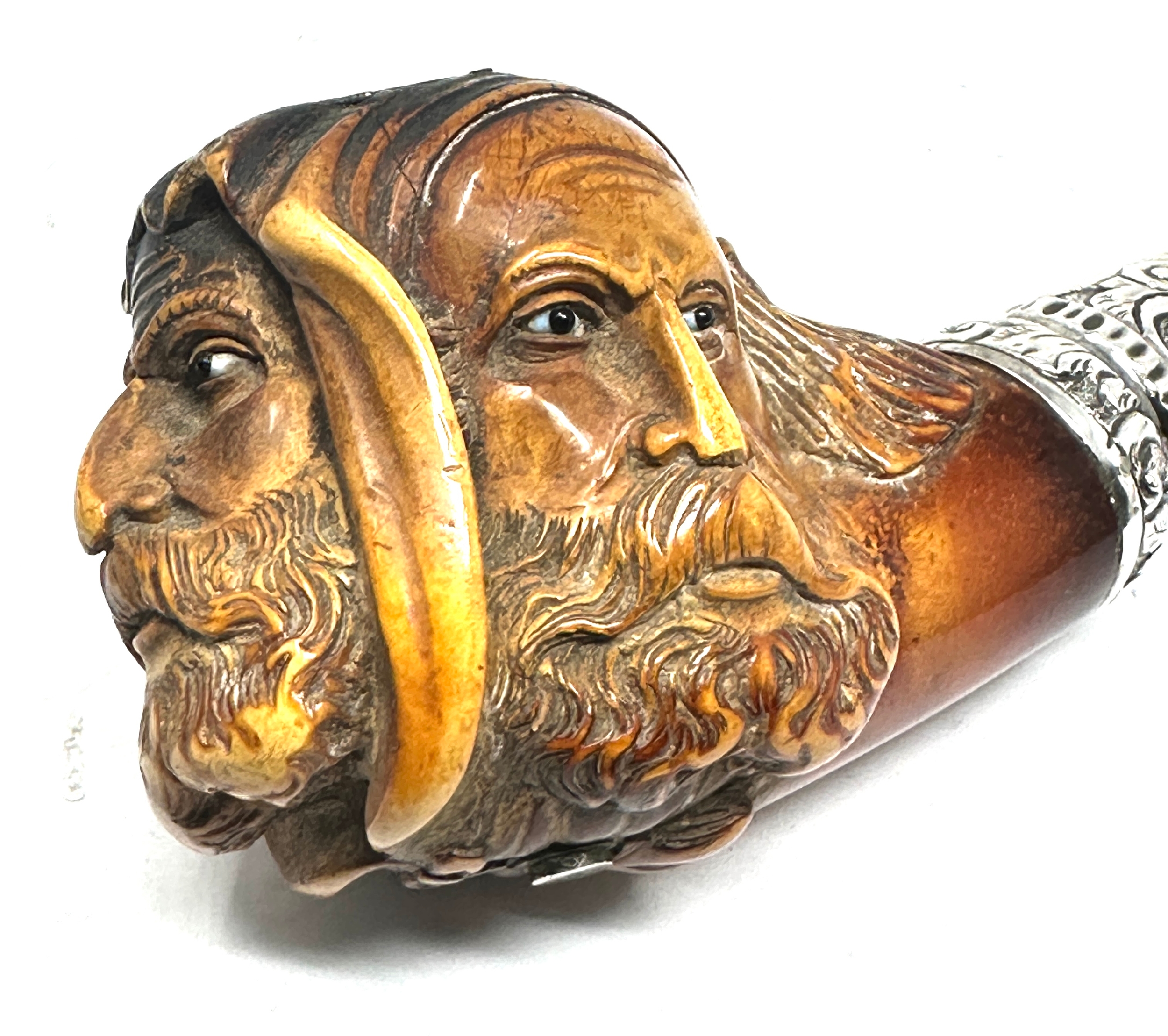 Rare antique 3 head l.friedlander london pipe with silver fittings total length 22cm the carved