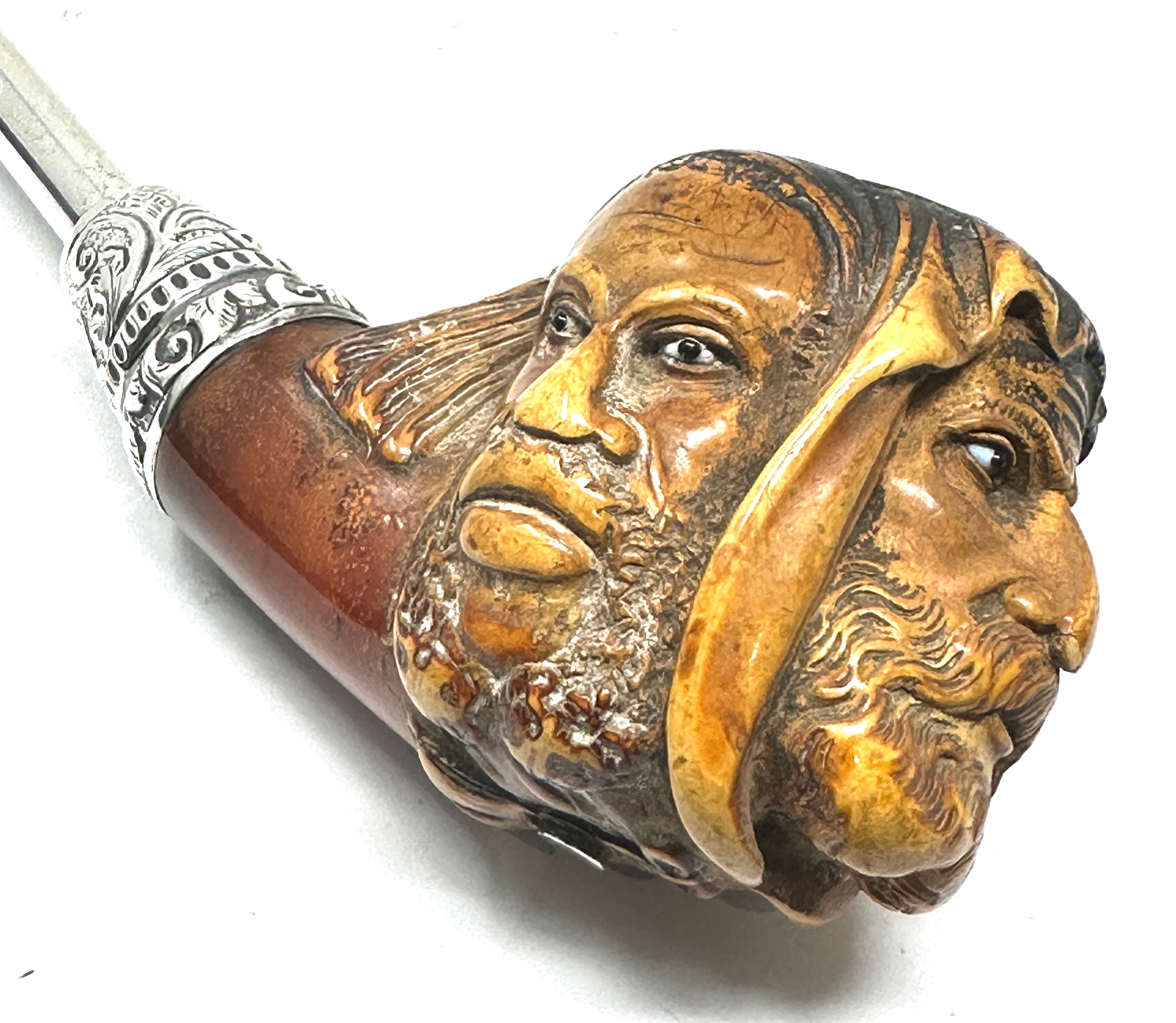 Rare antique 3 head l.friedlander london pipe with silver fittings total length 22cm the carved - Image 2 of 8