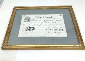 Bank of England march 30 1955 white five pound note framed