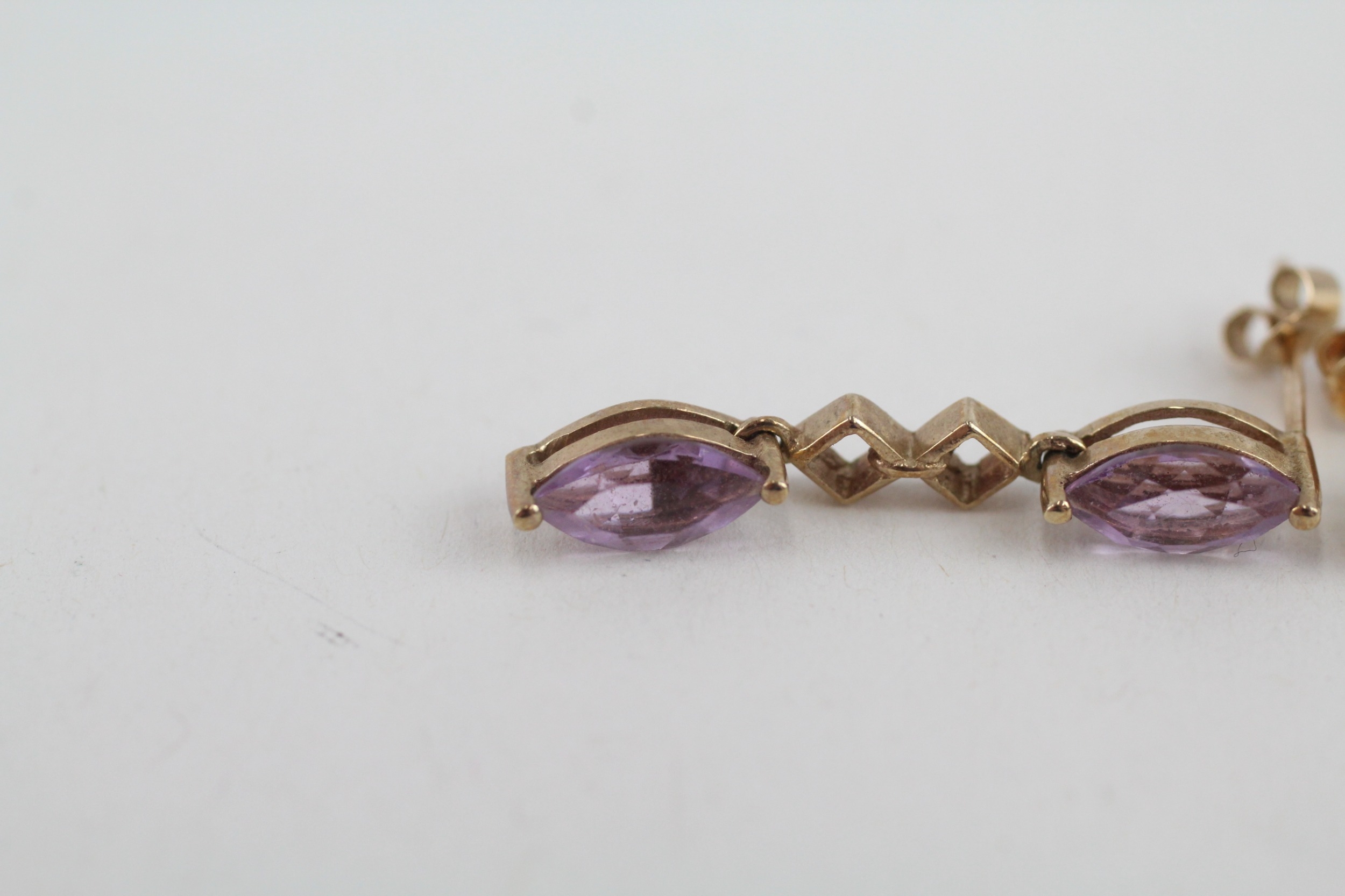 9ct gold marquise cut amethyst drop earrings (2.4g) - Image 2 of 4