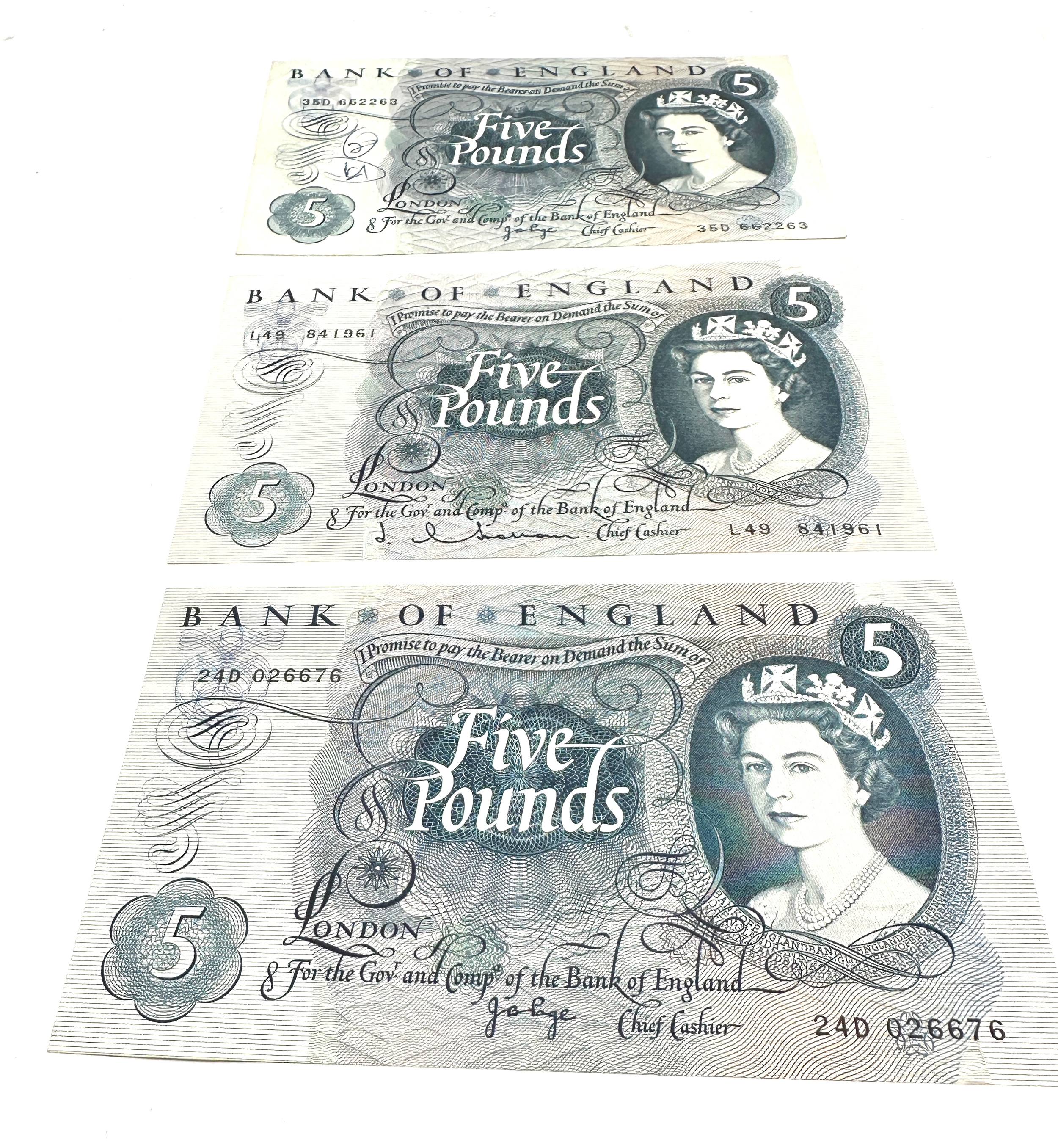 3 old £5 pound notes j.b page & hallam in high grade 1 has writing on - Image 2 of 4